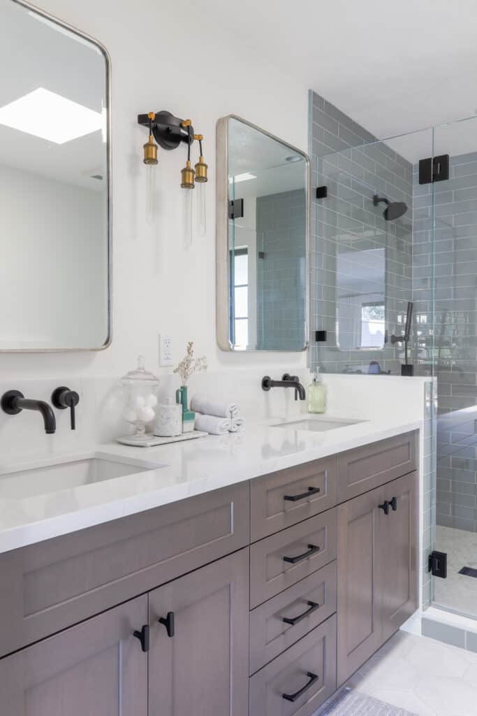 Solvang Bathroom Remodeling White Quartz Vanity Stain Shaker