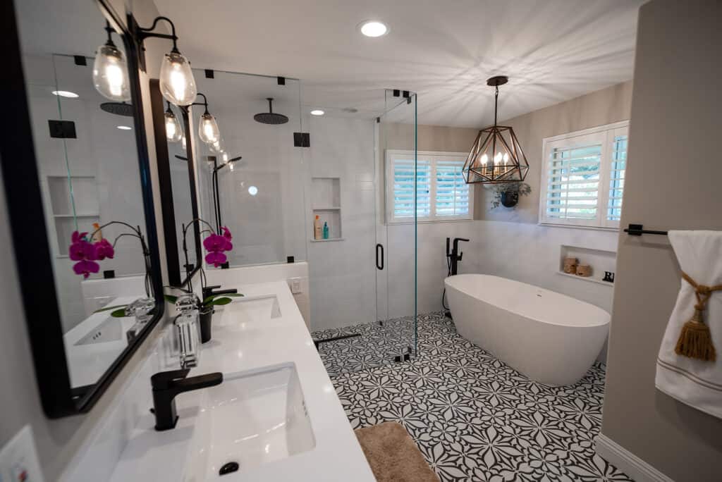 Glass Shower Door Installation for Black and White Bathroom Remodel Santa Barbara